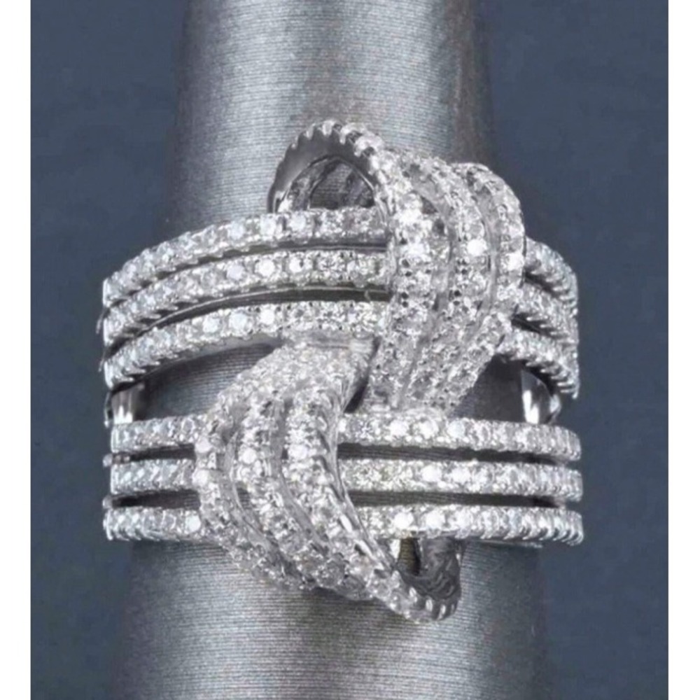 Silver Tone Multi Row Pave Knot Statement Ring Size 8 Wide Band Crystal Ring - Picture 4 of 5